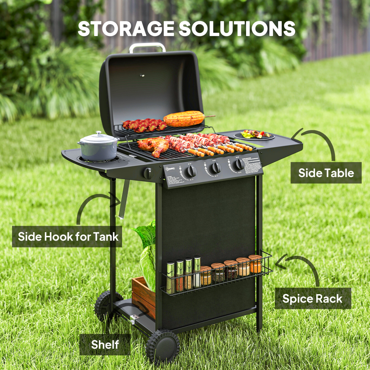 Outsunny 4-Burner Gas BBQ Grill with Side Burner and Lid, Black