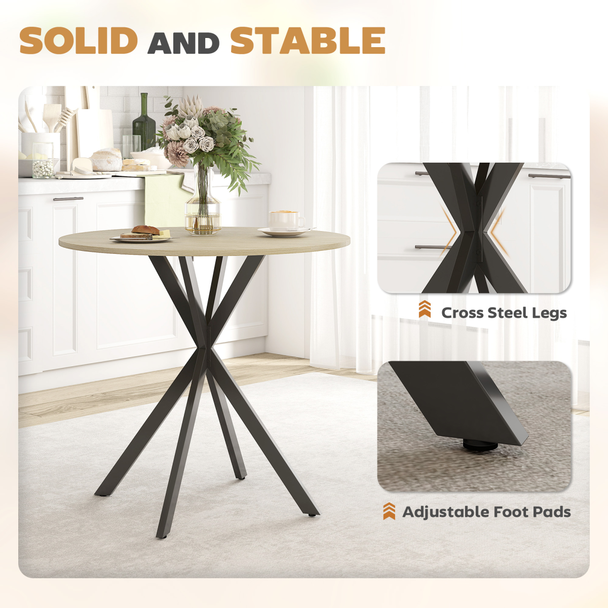 HOMCOM 80cm Round Dining Table, White Oak Effect with Steel Legs