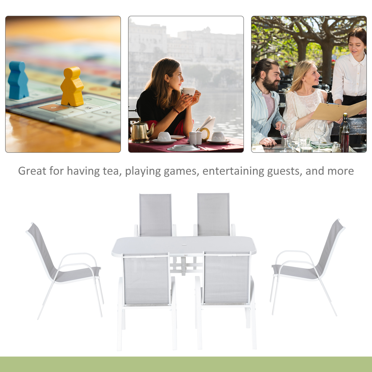 Outsunny 7 Piece Grey Outdoor Garden Dining Set with 6 Armchairs and Glass Top Table