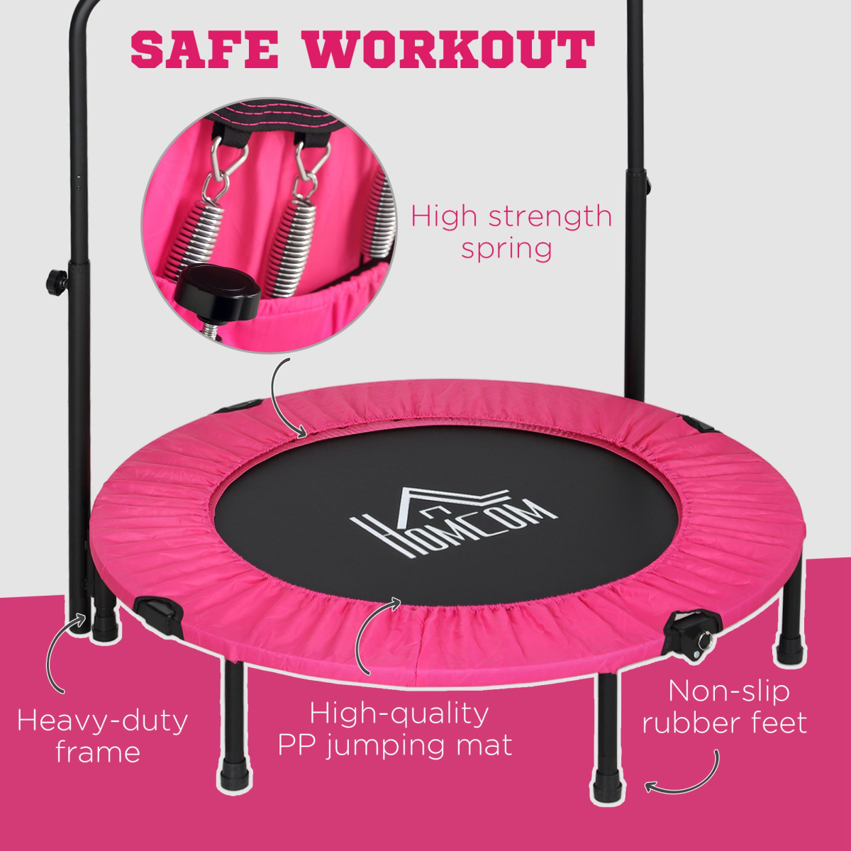 HOMCOM 40in Foldable Fitness Trampoline with Adjustable Handle, Pink