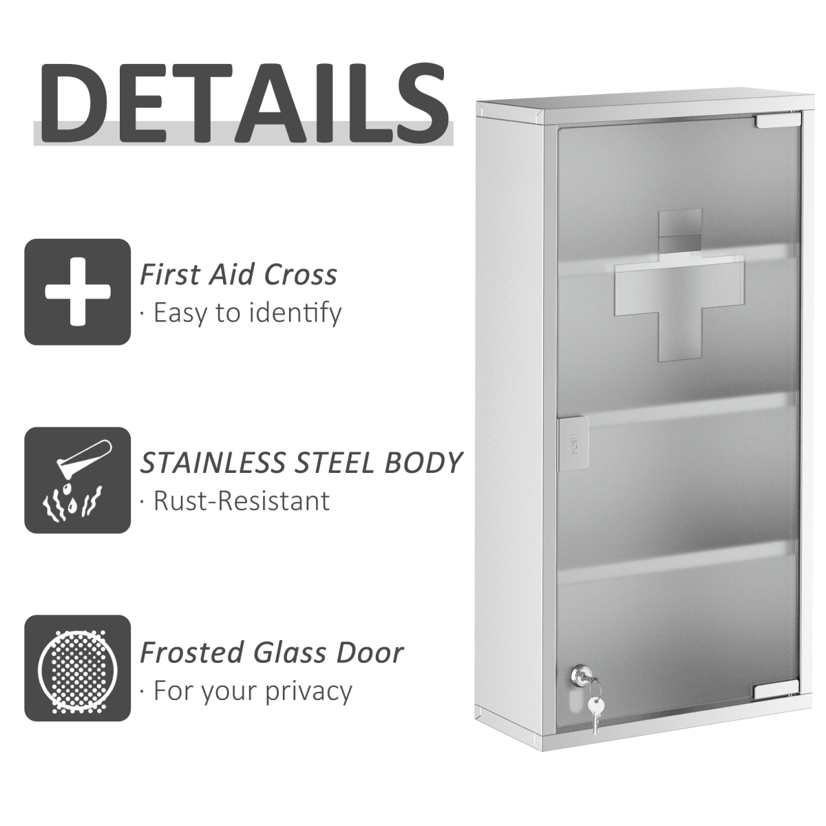 Wall Mounted First Aid Medicine Cabinet with Locking Door, 4-Tier 430 Stainless Steel, 60H x 30W x 12Dcm, Unbranded