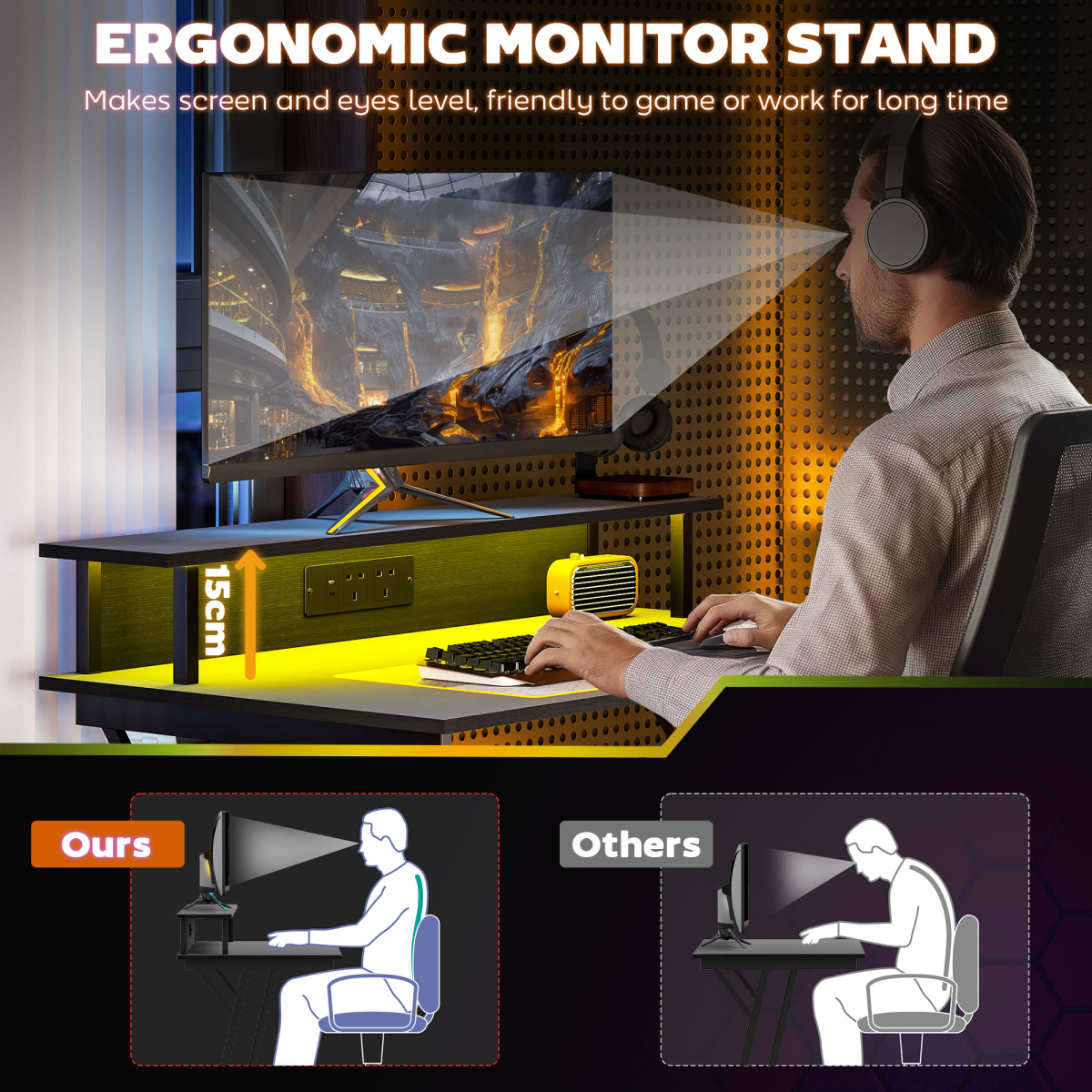HOMCOM RGB LED Gaming Desk with Power Outlets & Monitor Stand, Black