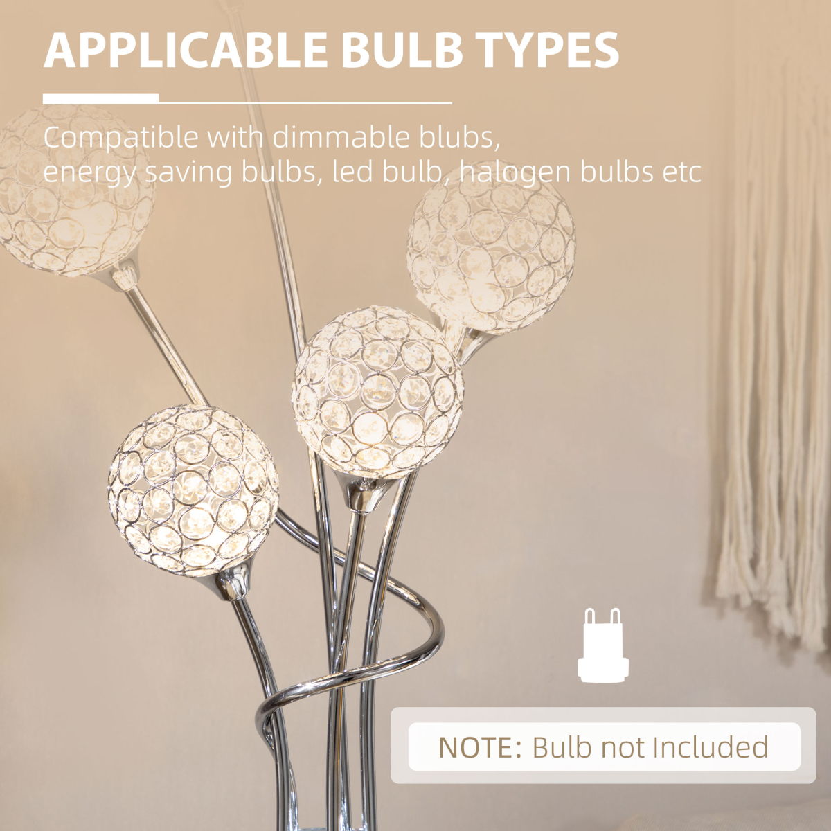 HOMCOM Crystal Floor Lamp, 5-Light Upright Standing Lamp, Silver