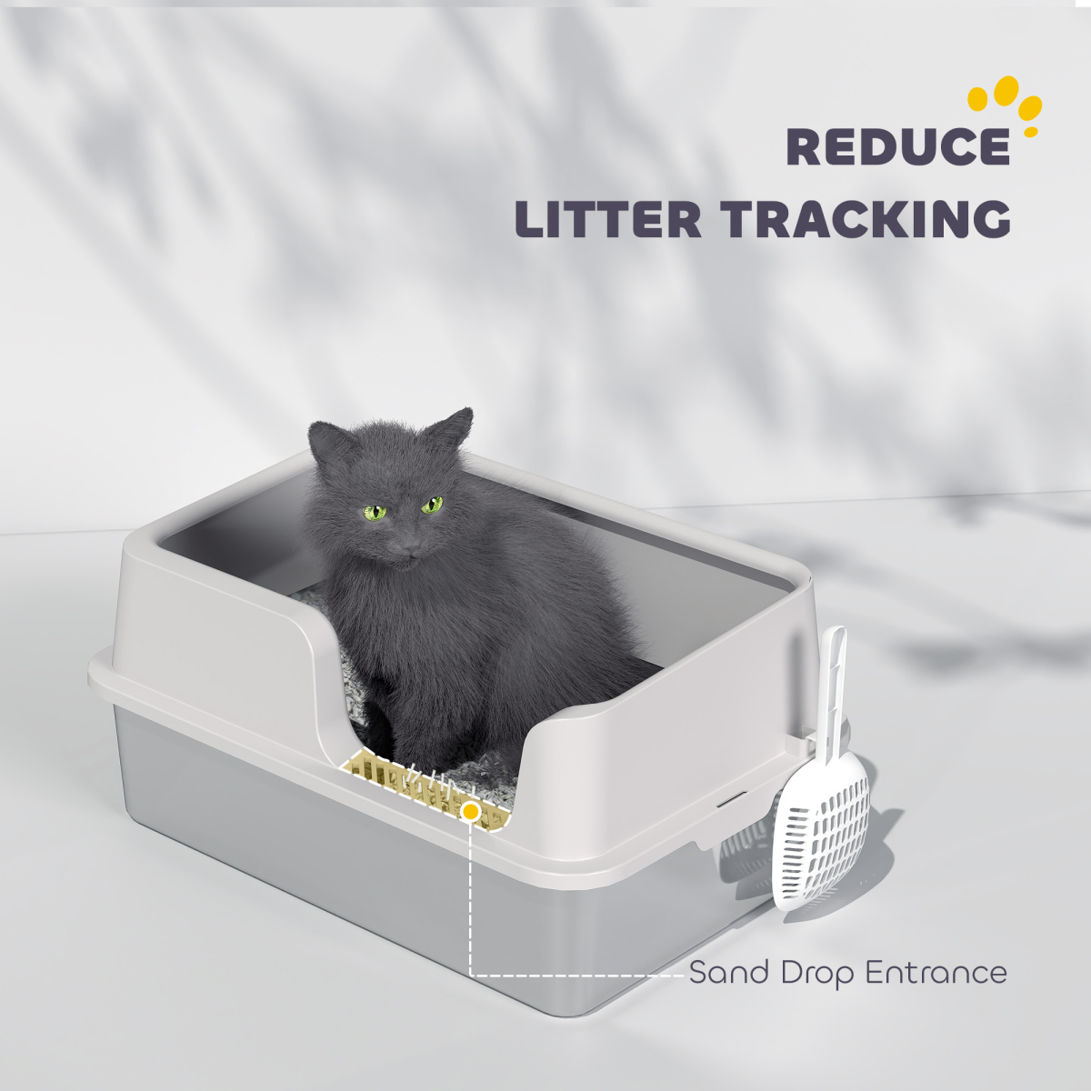 PawHut High-Sided Stainless Steel Cat Litter Tray with Scoop