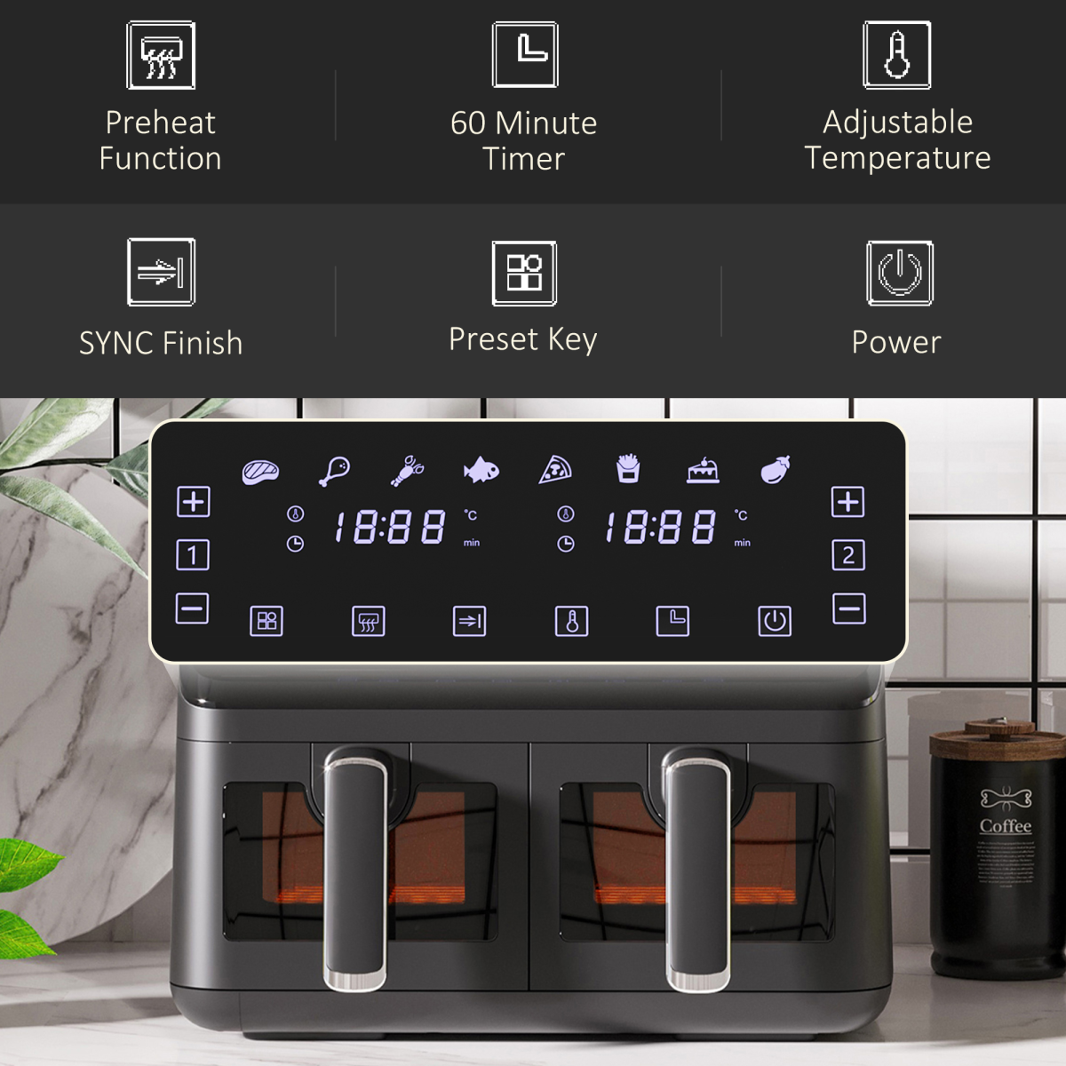Dual Basket Air Fryer 8L Family Size, 8 Presets, Timer, Cookbook, 2500W, Black
