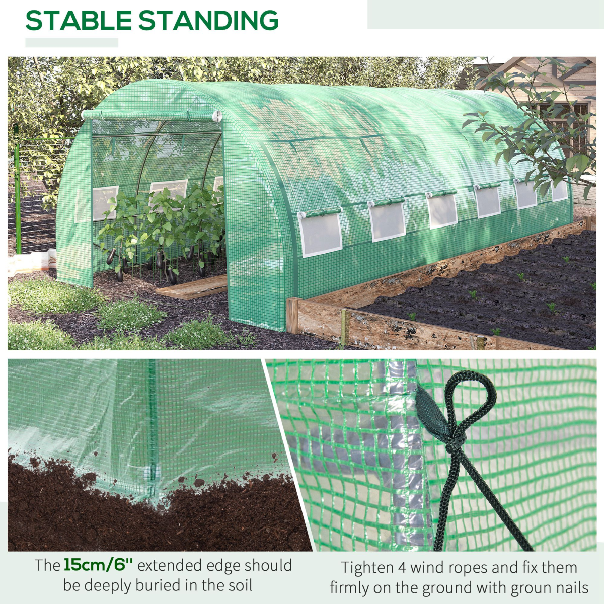 6 x 3 x 2 m Green Polytunnel Greenhouse with Galvanised Steel Frame