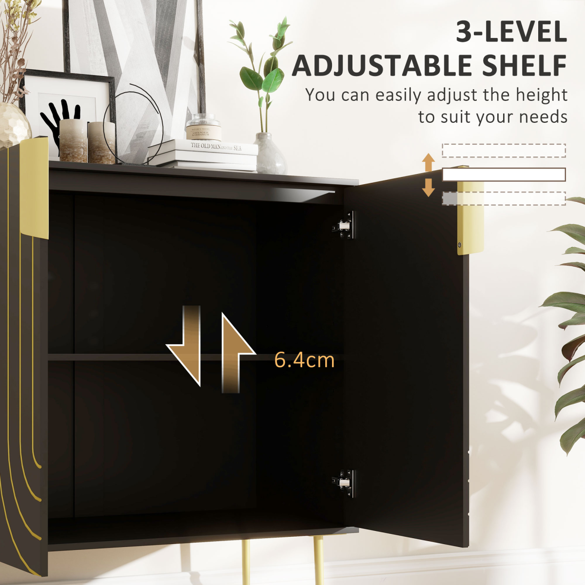 HOMCOM Art Deco Freestanding Black Storage Cabinet with Adjustable Shelf