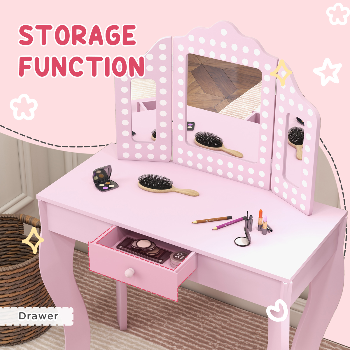 AIYAPLAY Kids Dressing Table Set, Pink, with Stool, Mirror & Drawer
