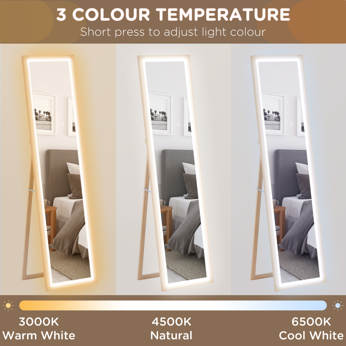 HOMCOM Full Length LED Dimming Mirror, Standing/Wall Mount, Oak
