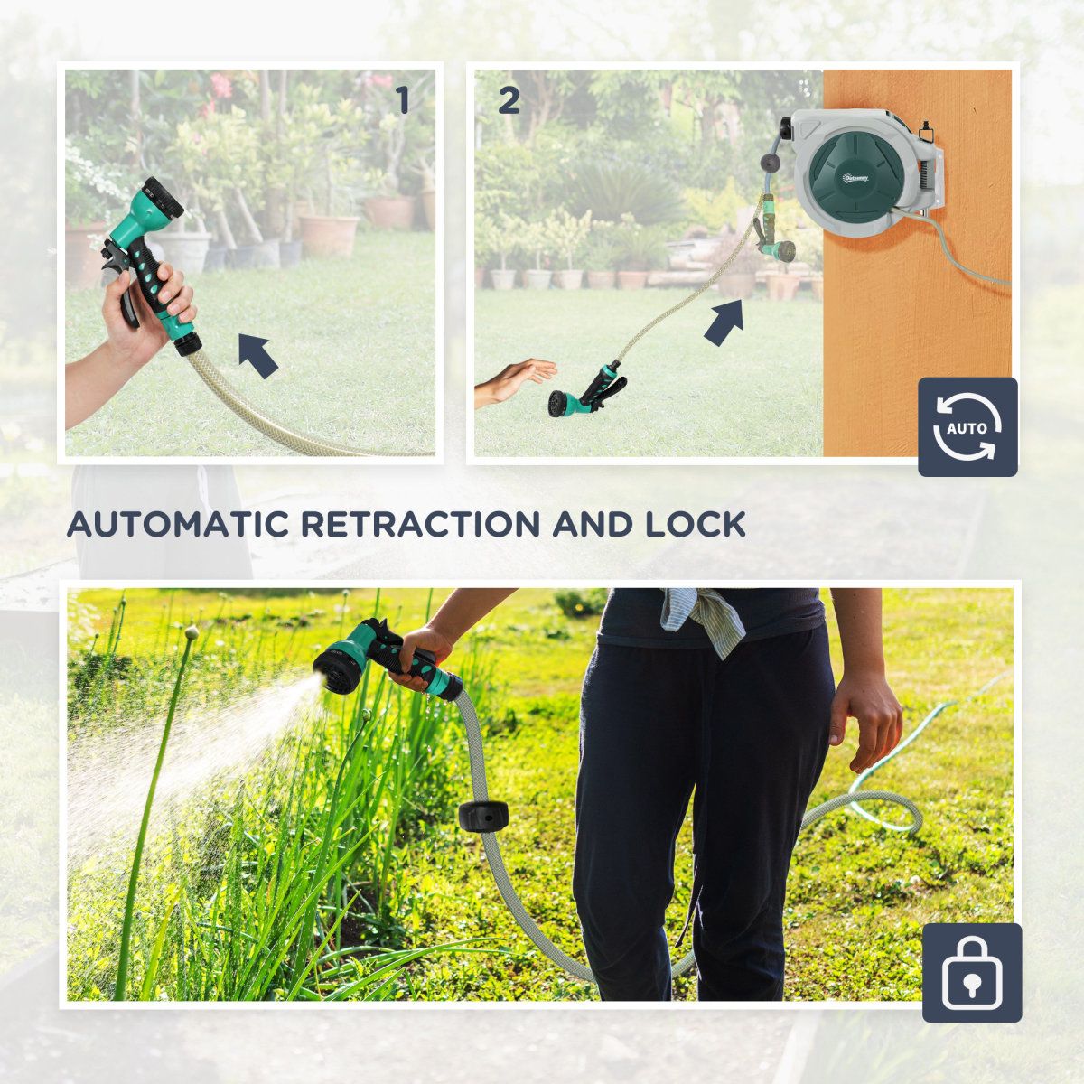 Outsunny 30m Retractable Wall Mounted Hose Reel with Lock, Grey