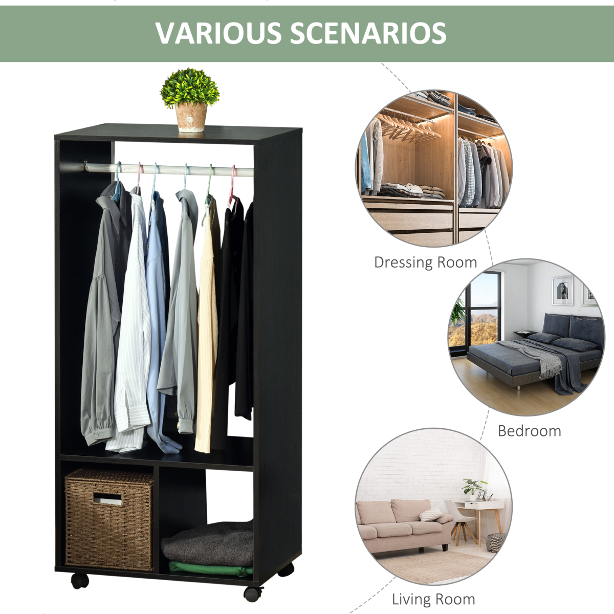 HOMCOM Open Wardrobe Clothes Rail with 2 Shelves, Hanging Rail and 4 Wheels, Black