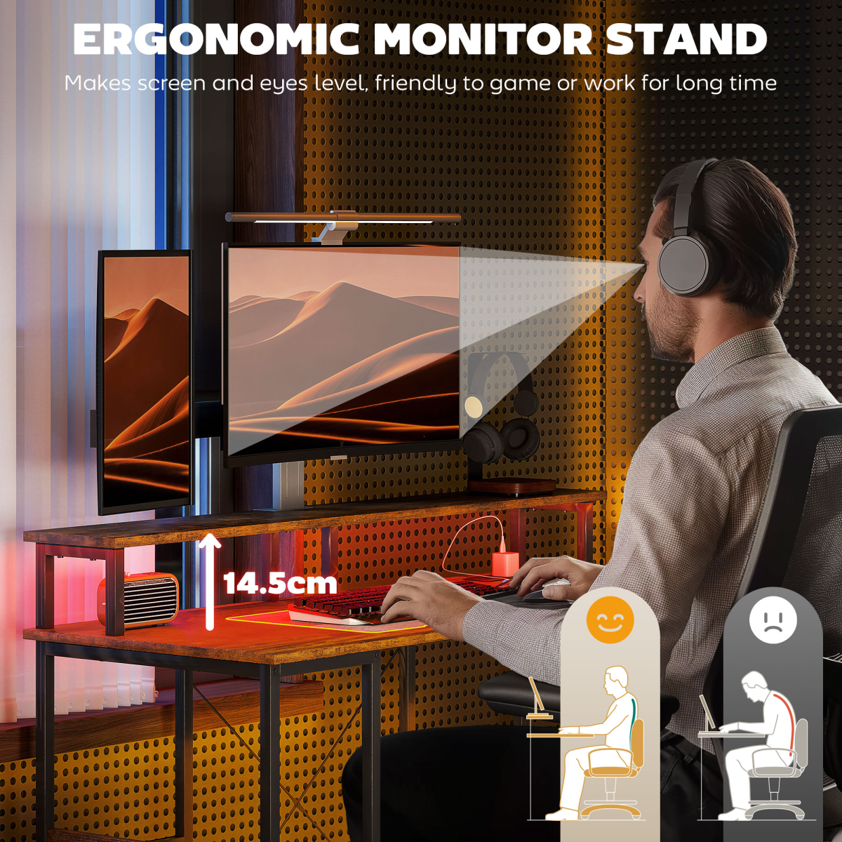 HOMCOM Reversible Computer Desk with Storage and RGB Light, Rustic Brown