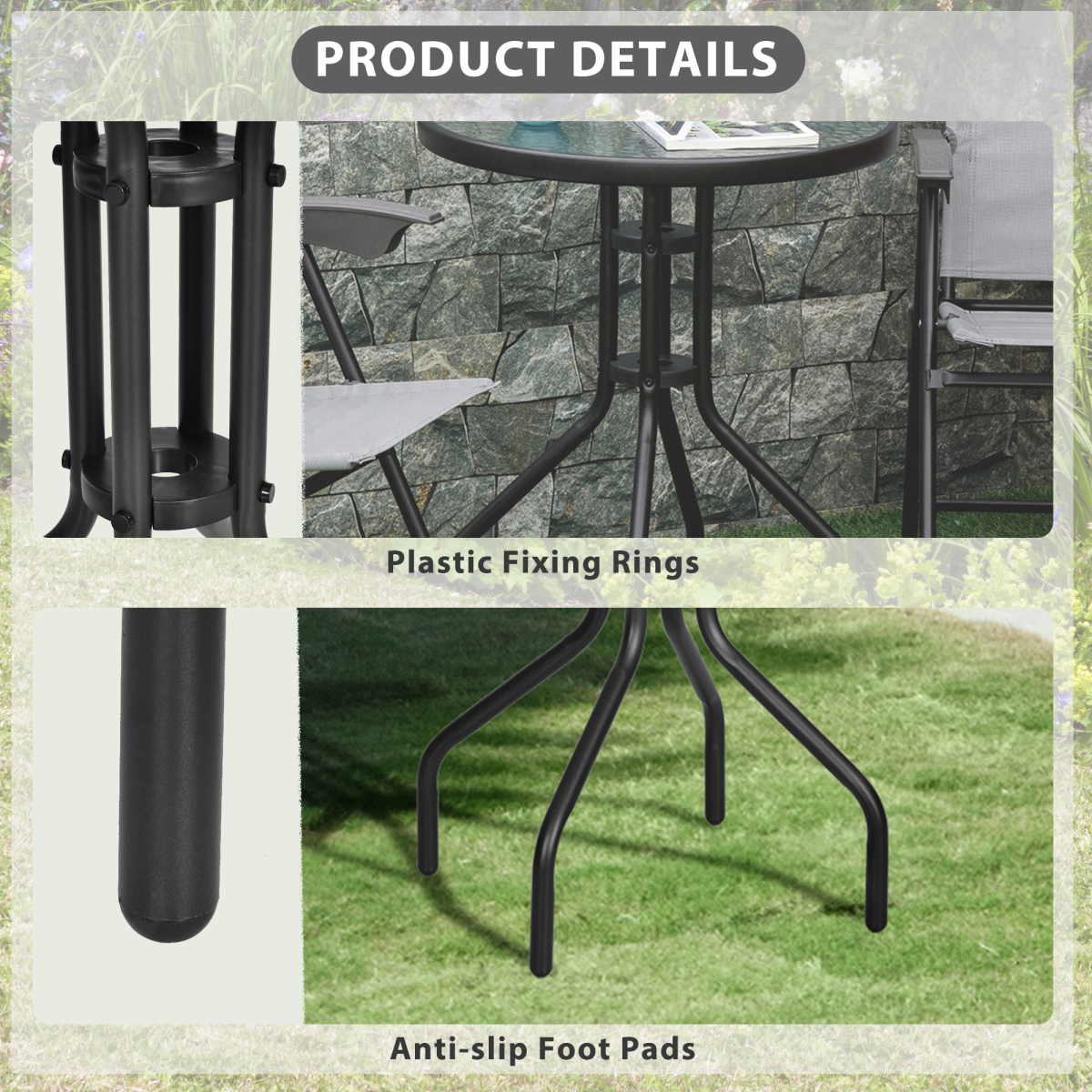 Outsunny Round Metal Garden Table with Tempered Glass Top, Black