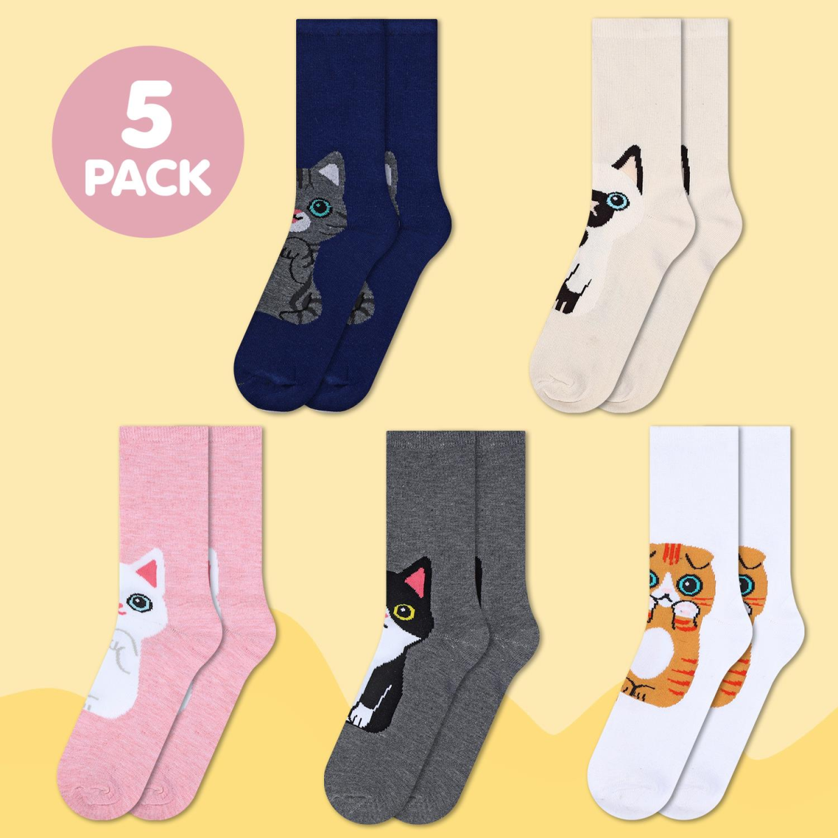 Vinsani Kitty Socks 5 Pack, Cute Animal Pattern Women's Socks