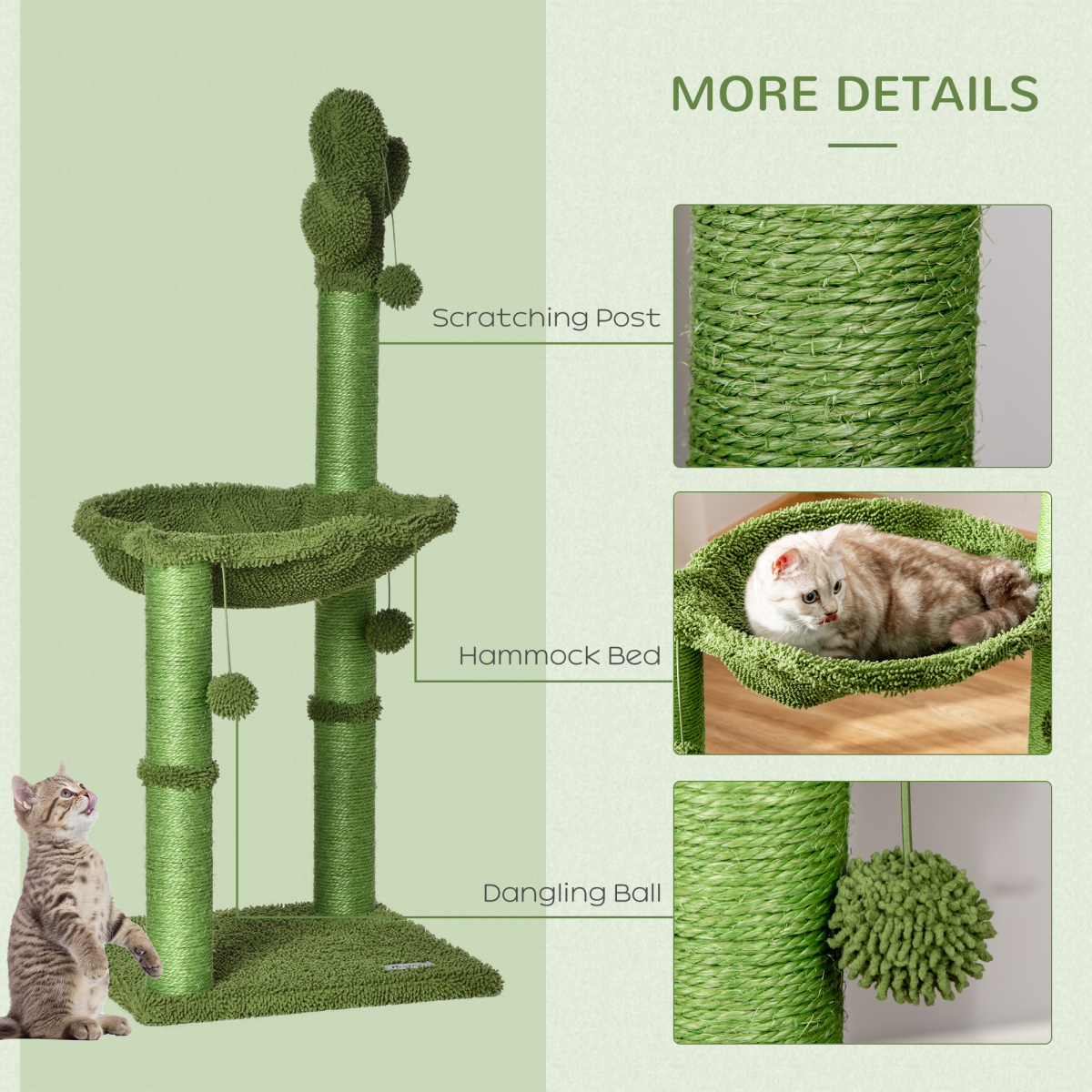 Cactus Cat Tree for Indoor Cats w/ Scratching Post Hammock Bed Toy Ball - Green