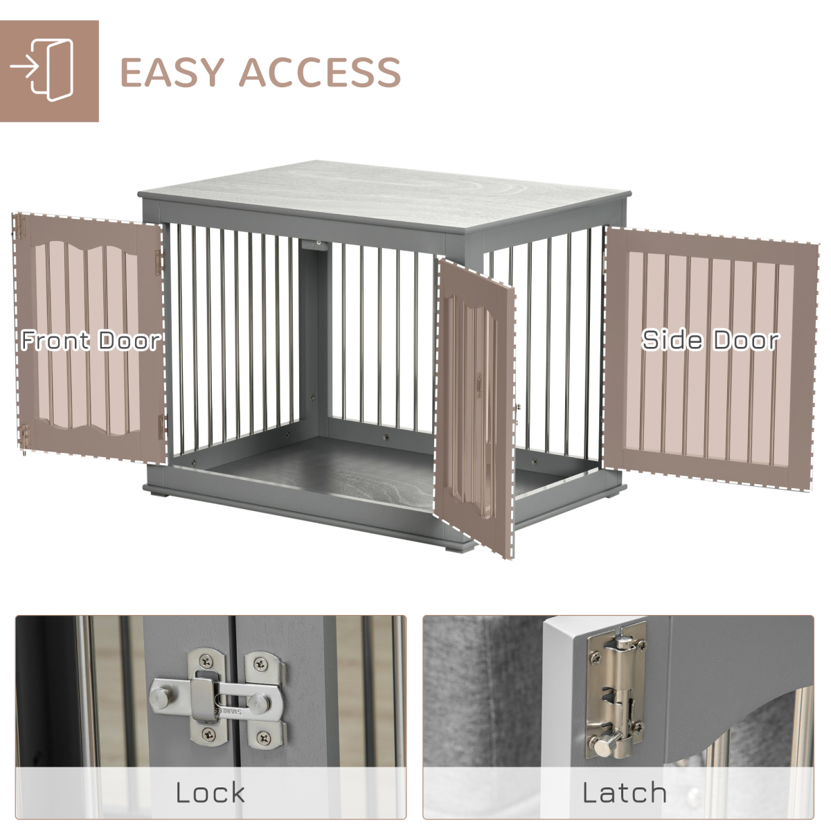 PawHut Wooden Dog Crate Furniture, 3-Door Side Table for Medium Dogs