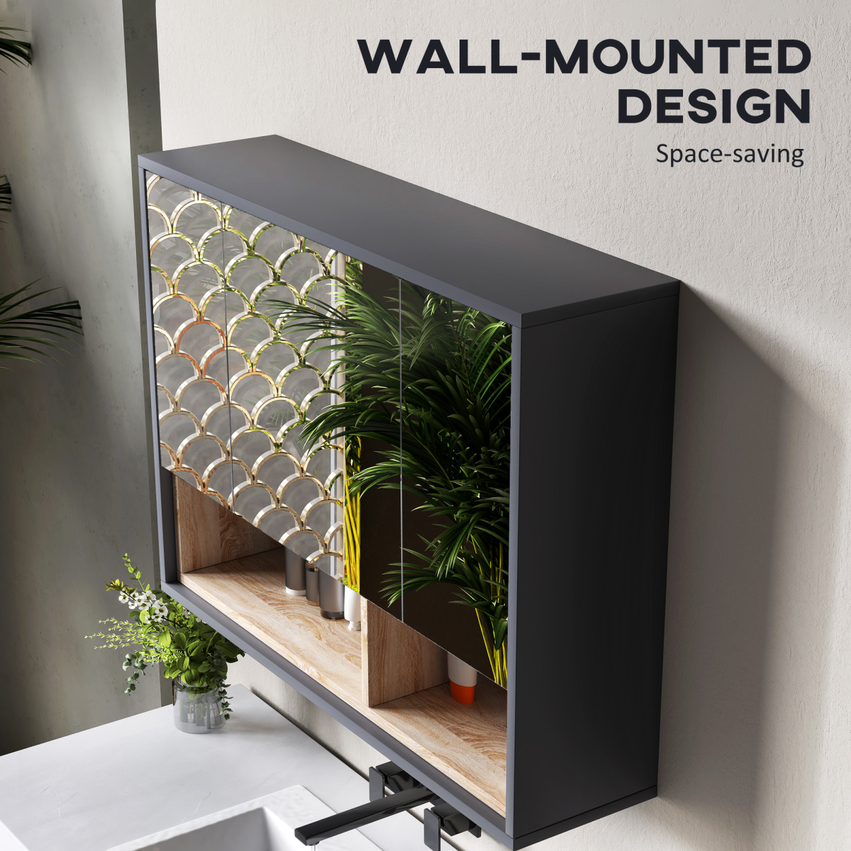 HOMCOM Wall Mounted Mirrored Bathroom Cabinet with Shelves, Grey