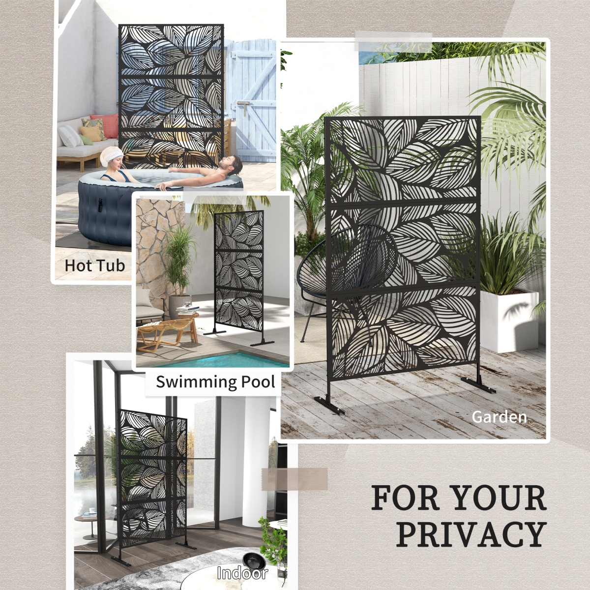 Outsunny 6.5FT Steel Outdoor Decorative Privacy Screen Panel with Stand, Leaf Design, Black