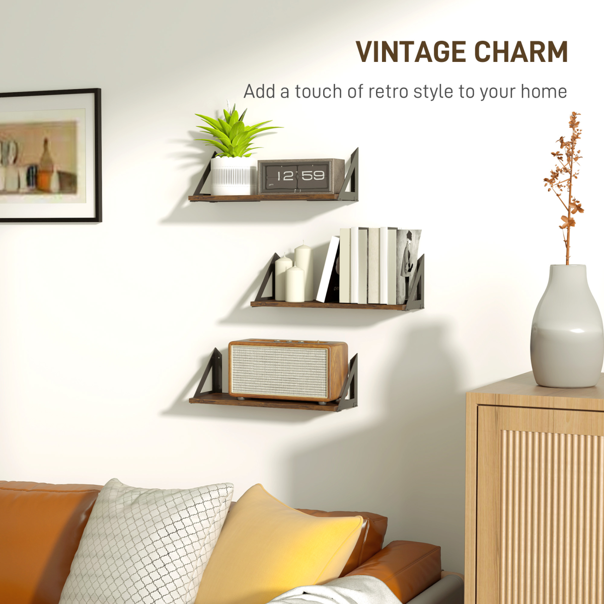 HOMCOM Set of 3 Vintage Wall Shelves, Rustic Brown