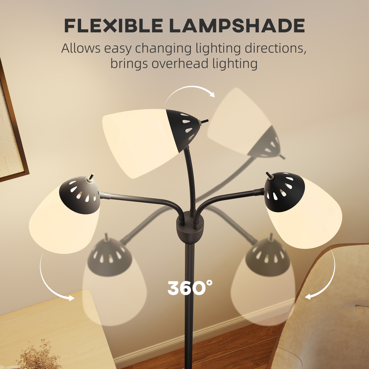 HOMCOM 3-Light Arc Tree Floor Lamp, Flexible Heads, Black, 3000K/4500K/6500K