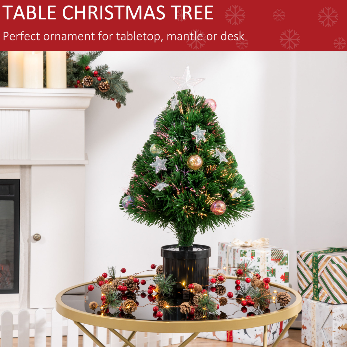 HOMCOM 2FT Pre-Lit Artificial Christmas Tree Tabletop with 60 Warm White LED Lights, Multicolor Fiber Optics, Black Pot, Green
