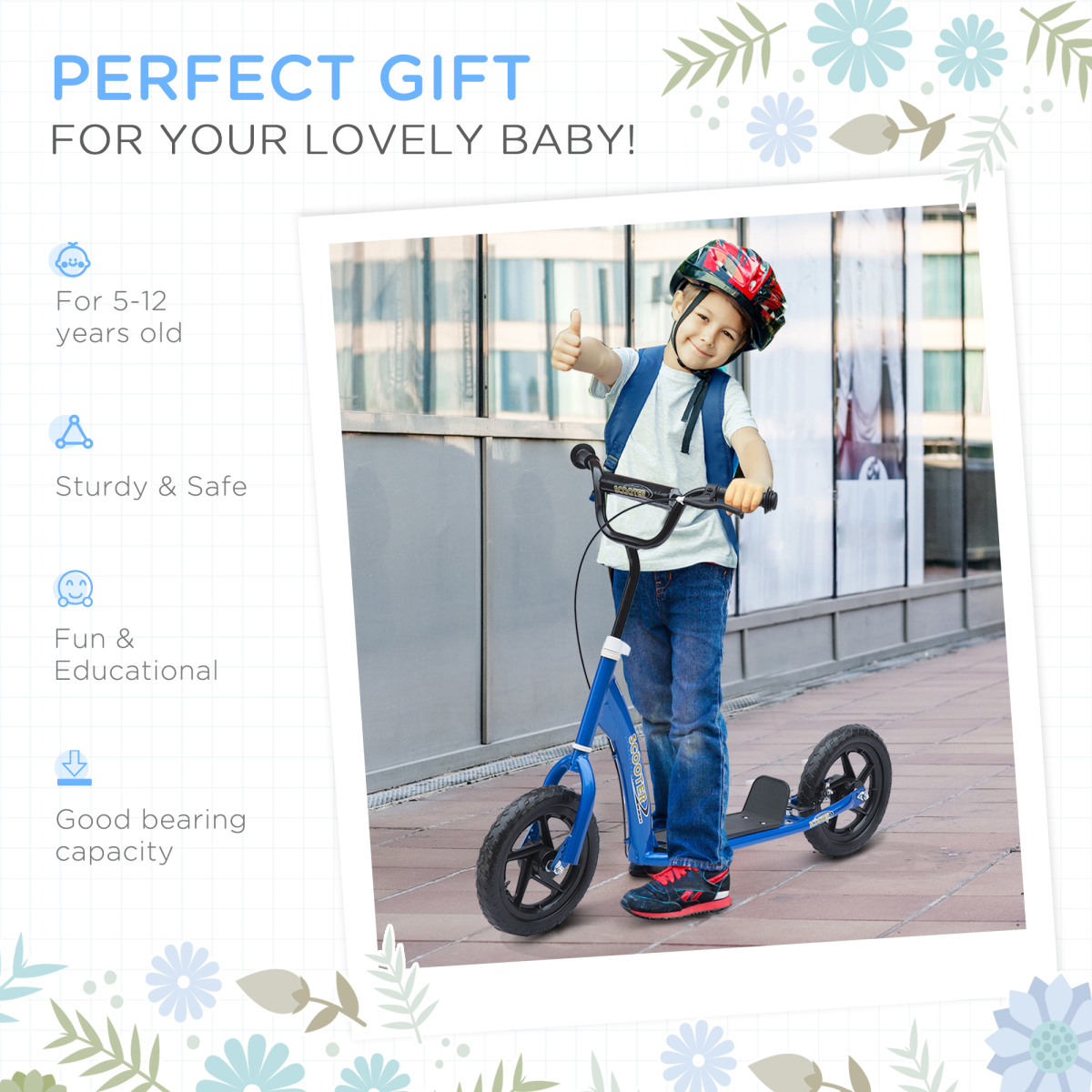 Blue Kids Adjustable Scooter with 12in Foam Wheels, Steel Frame