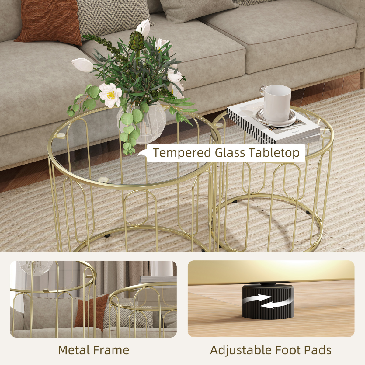 HOMCOM Set of 2 Nesting Coffee Tables with Glass Tops, Gold Tone