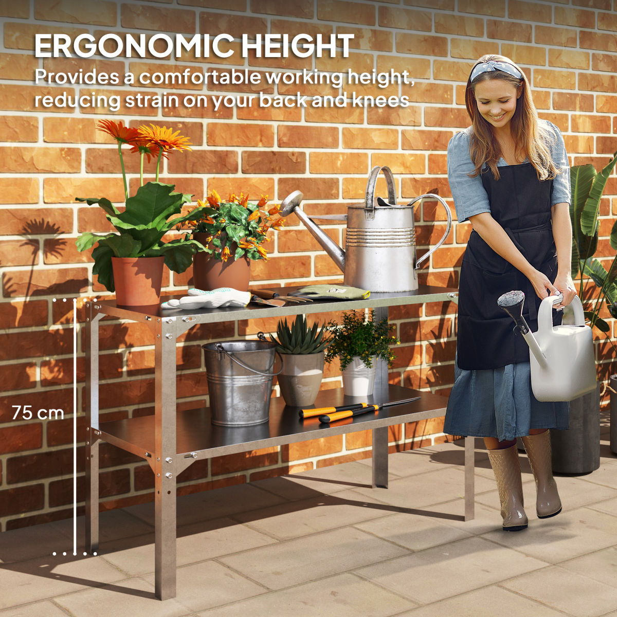 Outsunny 2-Tier Galvanised Steel Potting Bench with Storage Shelves