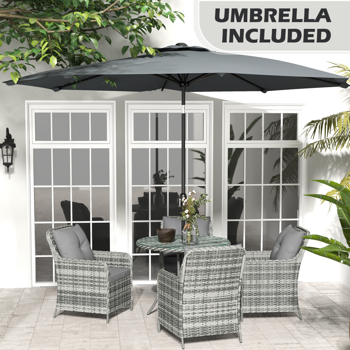 Outsunny 6 Pieces Rattan Garden Furniture with Umbrella, Cushions - Mix Grey