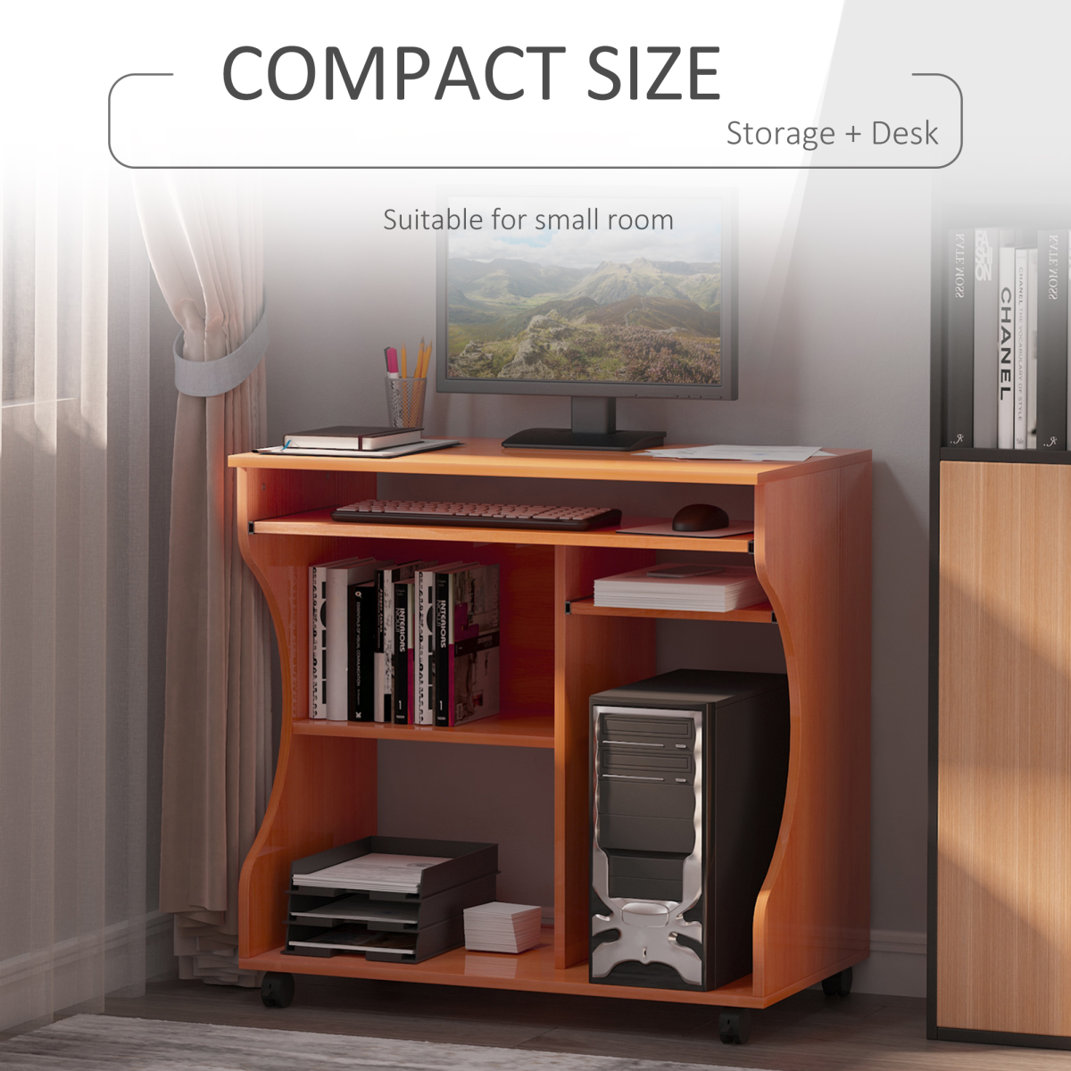 HOMCOM Computer Desk with Keyboard Tray, Storage Shelf, Wheels, Cherry Wood