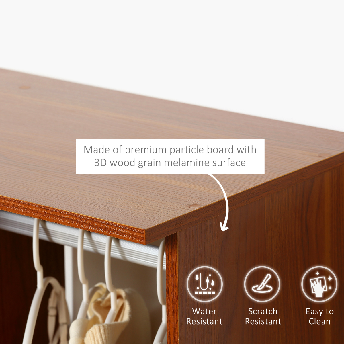 HOMCOM Walnut Open Wardrobe with Hanging Rail, Shelves, Cubbies and Wheels