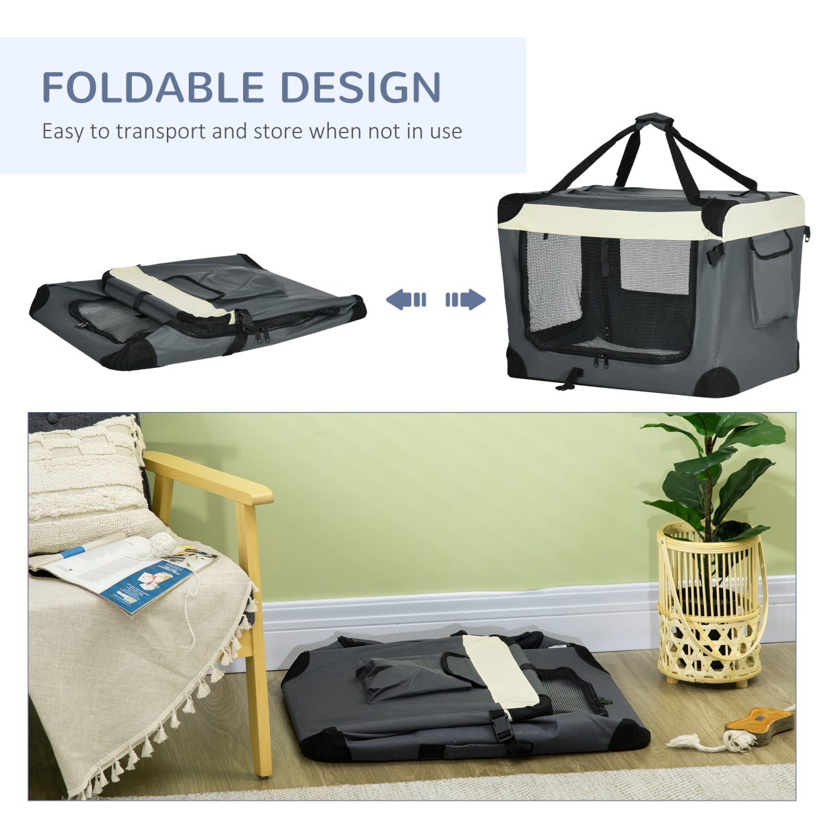 70cm Foldable Pet Carrier with Cushion for Mini Dogs and Cats, Grey