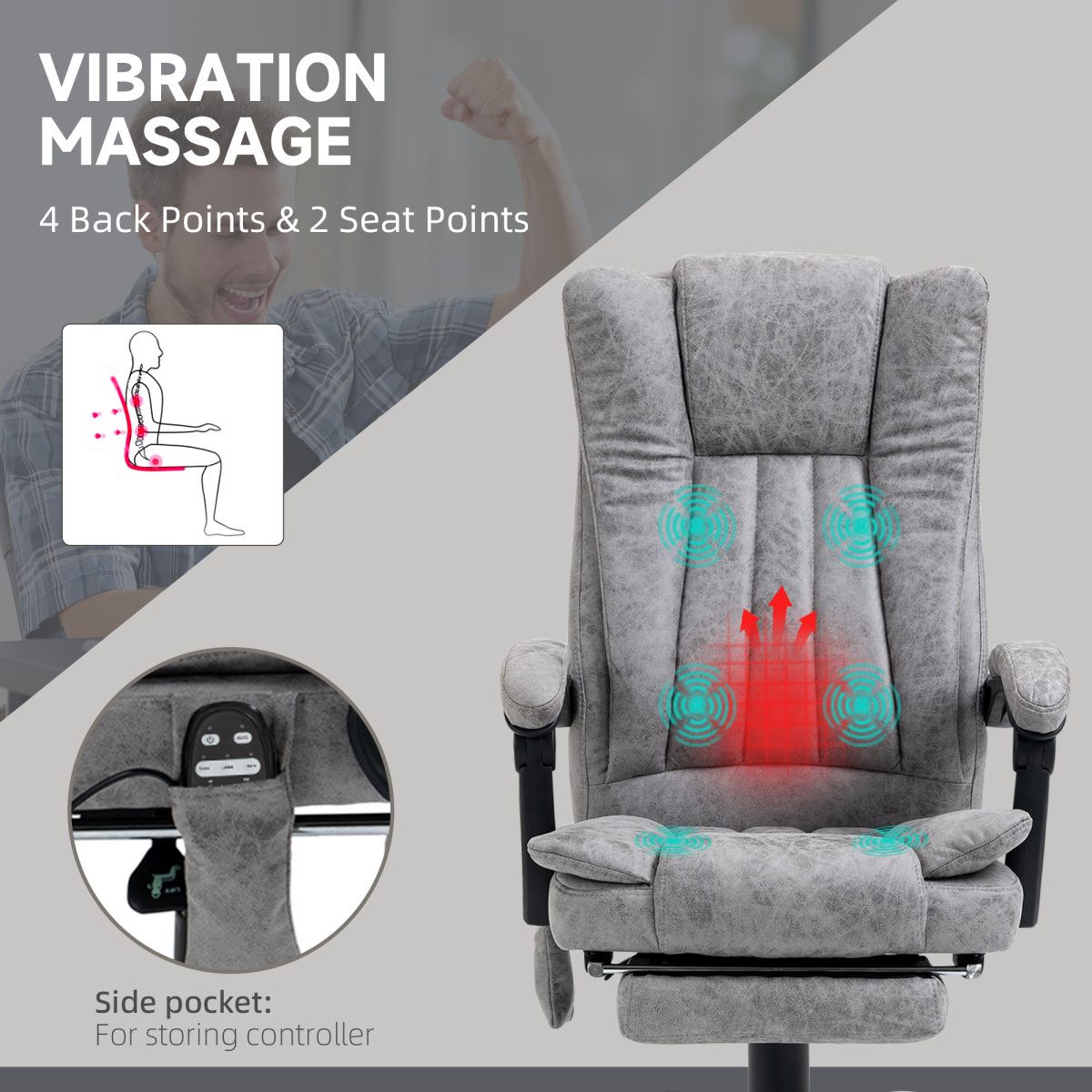 6-Point Vibrating Massage Office Chair w/ Microfibre Upholstery Arms Grey