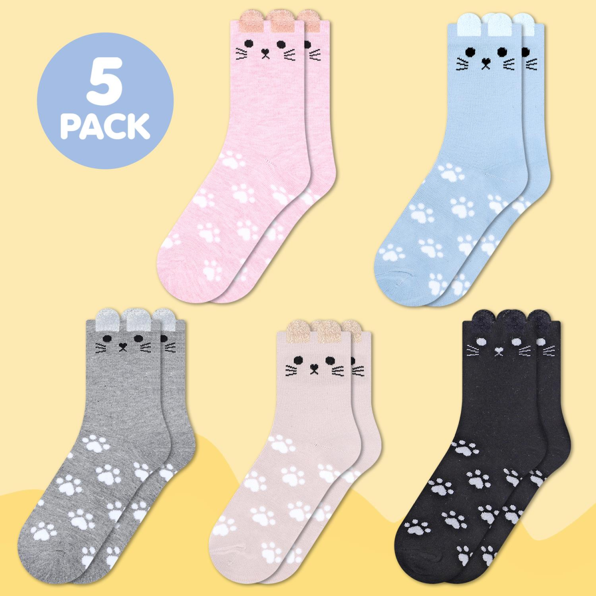 Vinsani Women's Cat Socks 5 Pack, UK 4-7 / EU 37-40