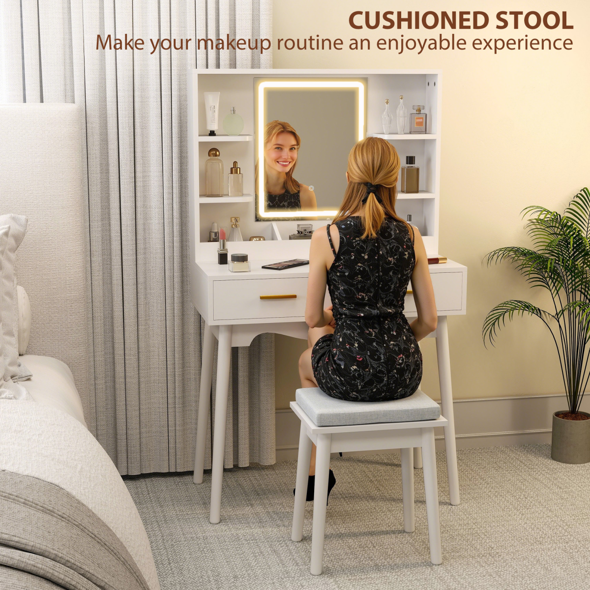 HOMCOM White Dressing Table with LED Mirror, Stool & Storage