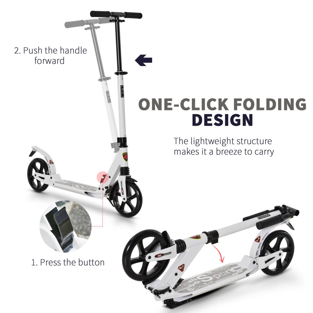 Kick Scooter Folding 2 Big Wheels Adjustable Adult Teens For 14 White HOMCOM