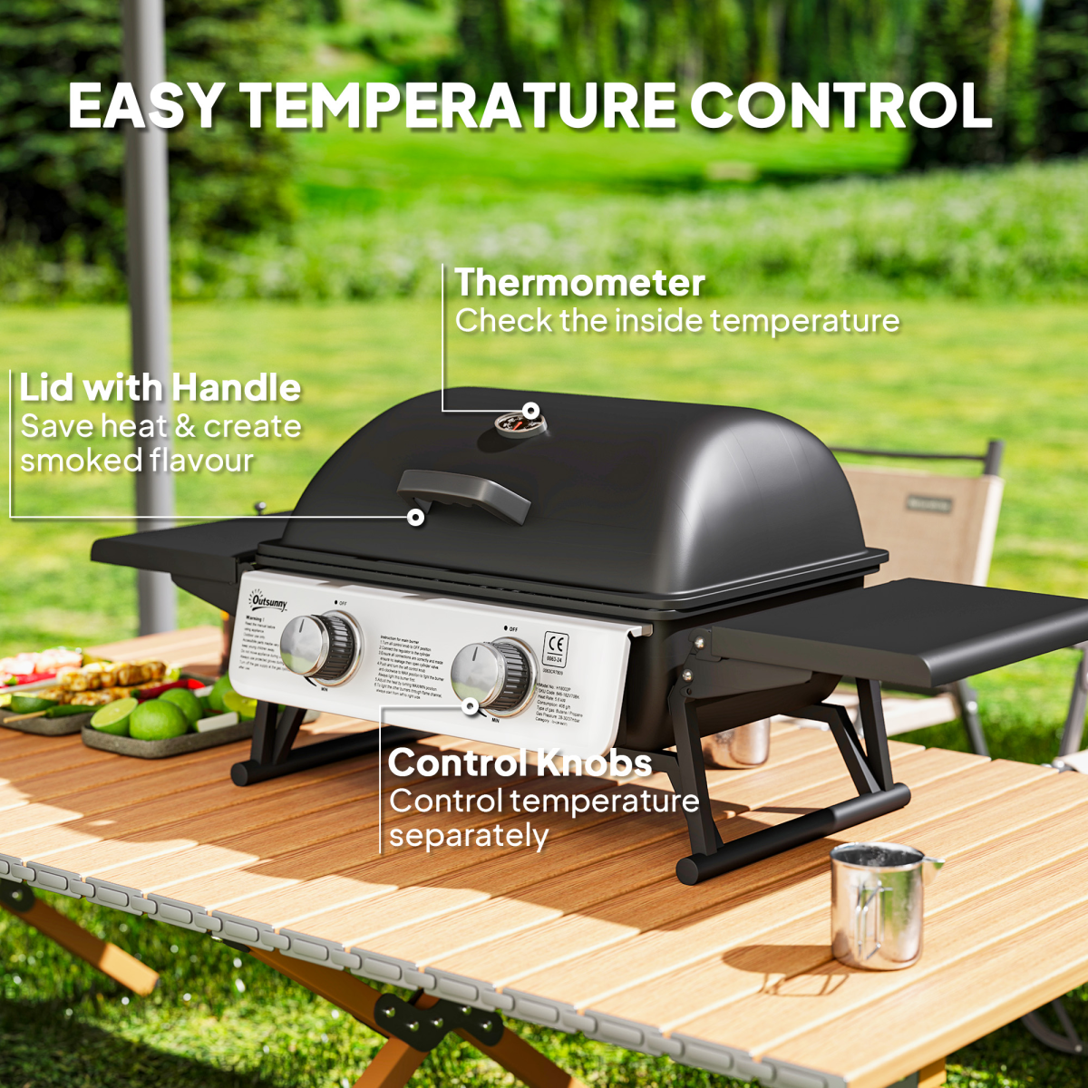 Outsunny Portable Tabletop Gas BBQ Grill with Thermometer, 2 Burners, Black