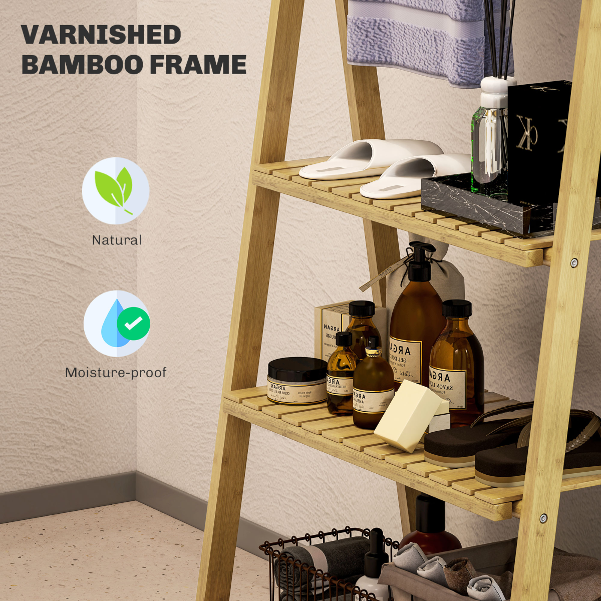 HOMCOM 3-Tier Folding Bamboo Bathroom Shelf with Towel Bars