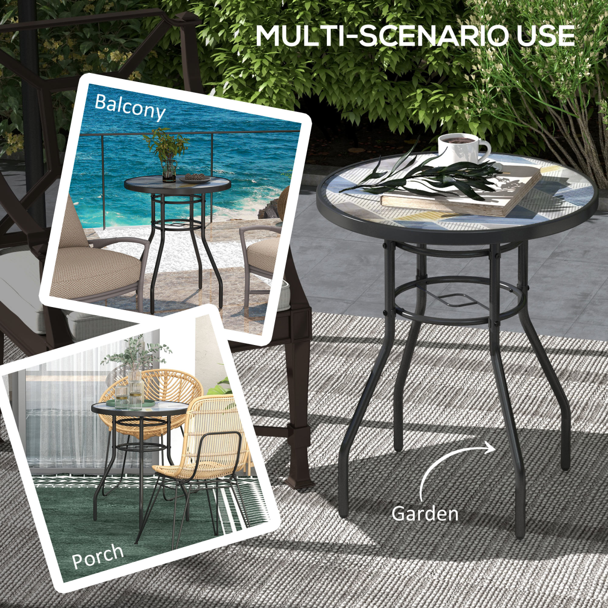 Outsunny Round Tempered Glass Garden Table, Multicolour