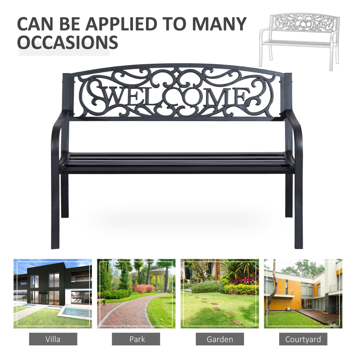 Outsunny 2-Seater Steel Garden Bench, Black