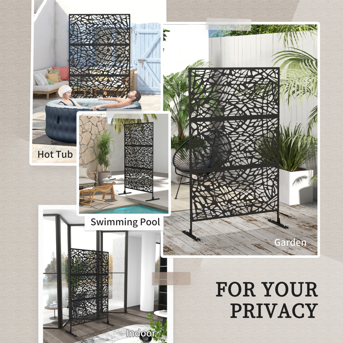 Outsunny 6.5FT Black Steel Outdoor Decorative Privacy Screen Panel with Stand, Twisted Line
