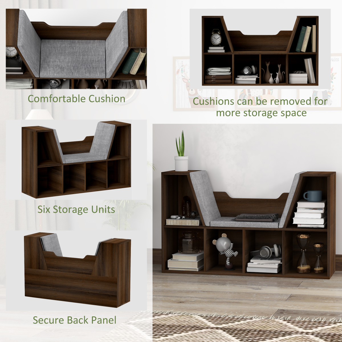 HOMCOM Cube Bookshelf Organizer with Reading Seat, 6-Cube Storage, Chestnut
