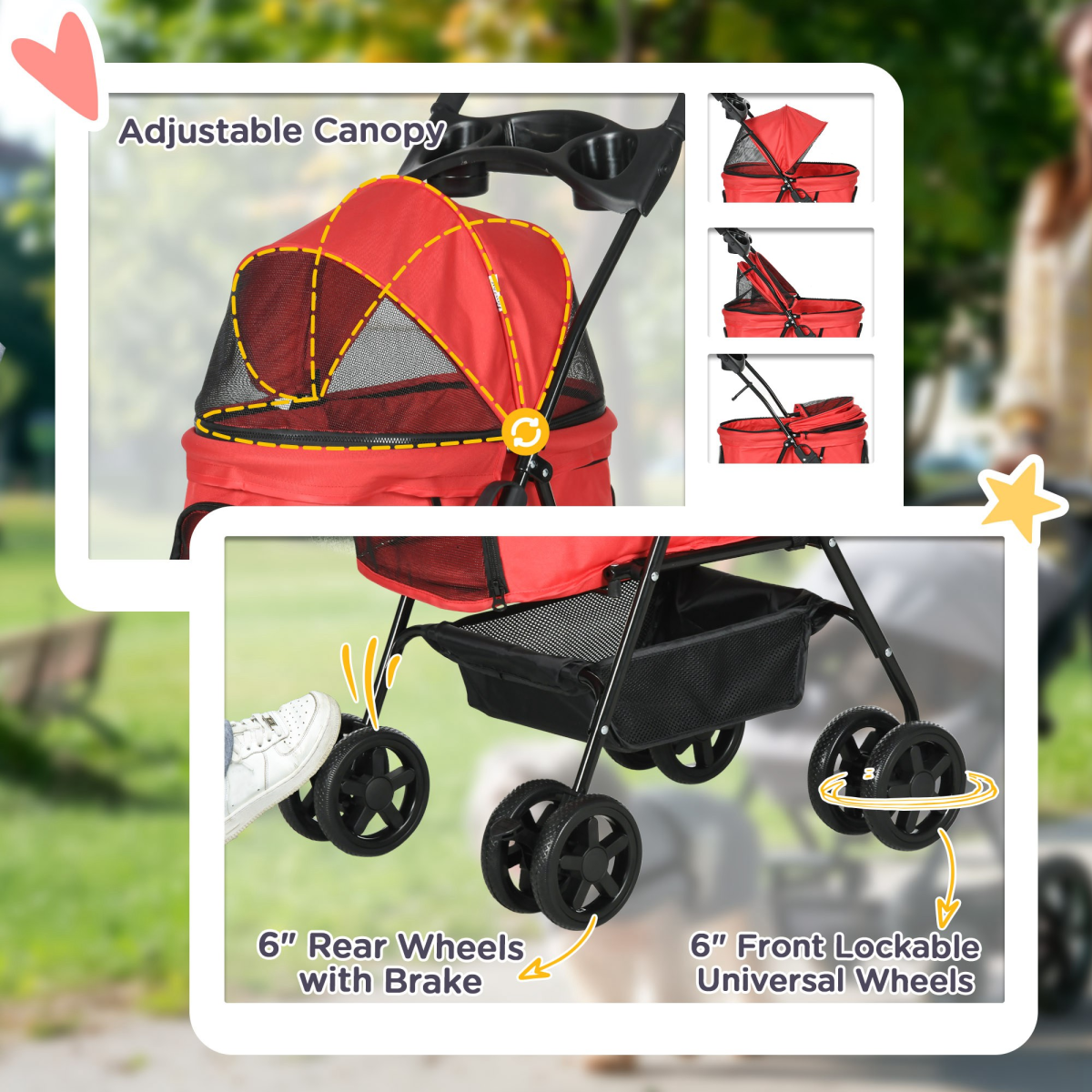No-Zip Foldable Pet Stroller with Brake Wheels, Adjustable 4-Position Canopy, Basket, Safety Leashes, Steel Frame