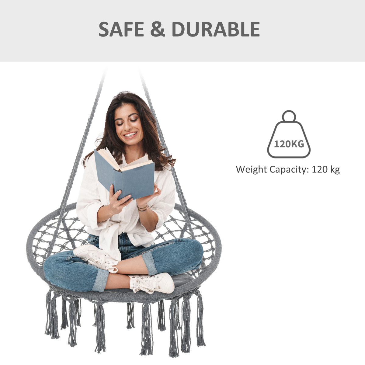 Outsunny Grey Macrame Hanging Chair Swing Hammock with Backrest, Padded Seat Cushion