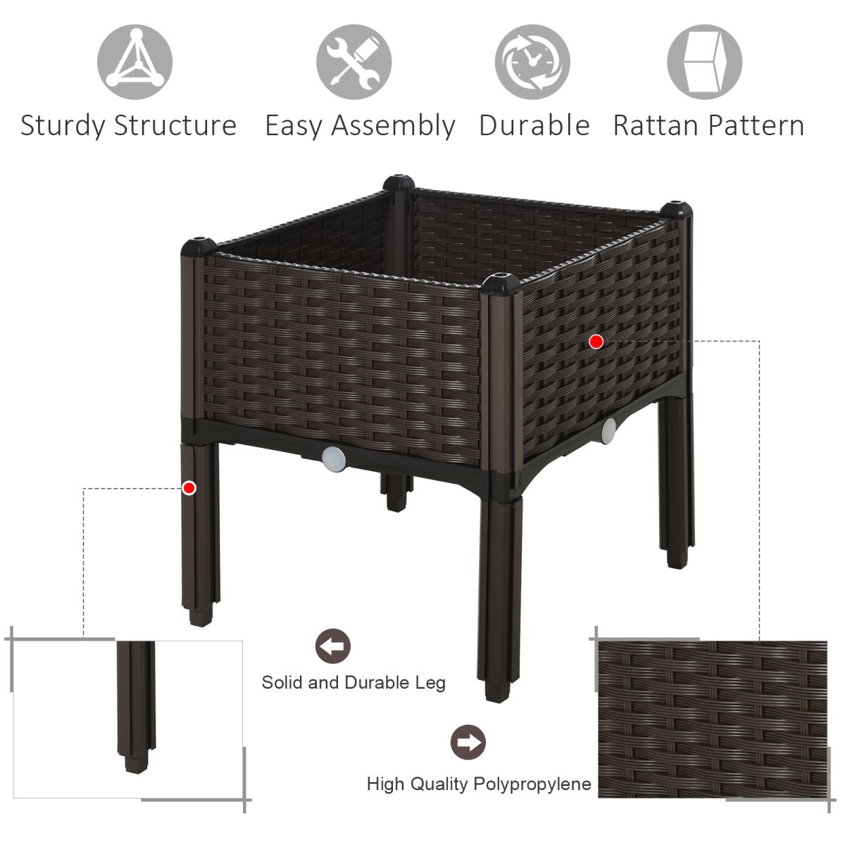 Outsunny Raised Outdoor Garden Planter Box Brown Rattan-Effect Plastic Self-Watering Disk