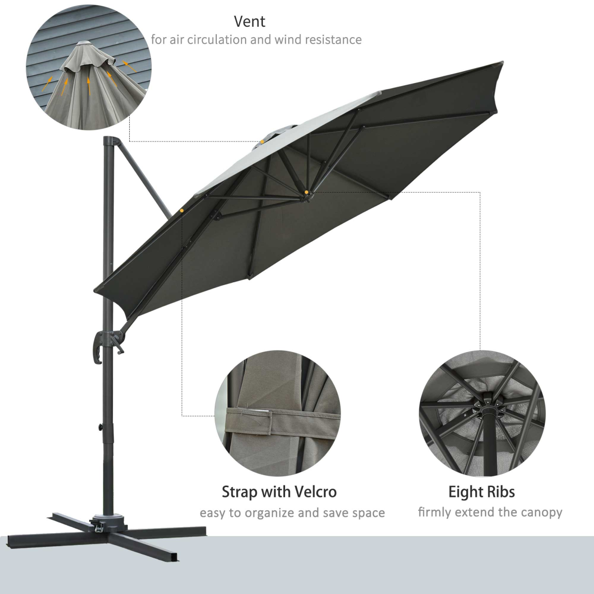 Outsunny Roma 3m Round Patio Cantilever Parasol Umbrella, Dark Grey