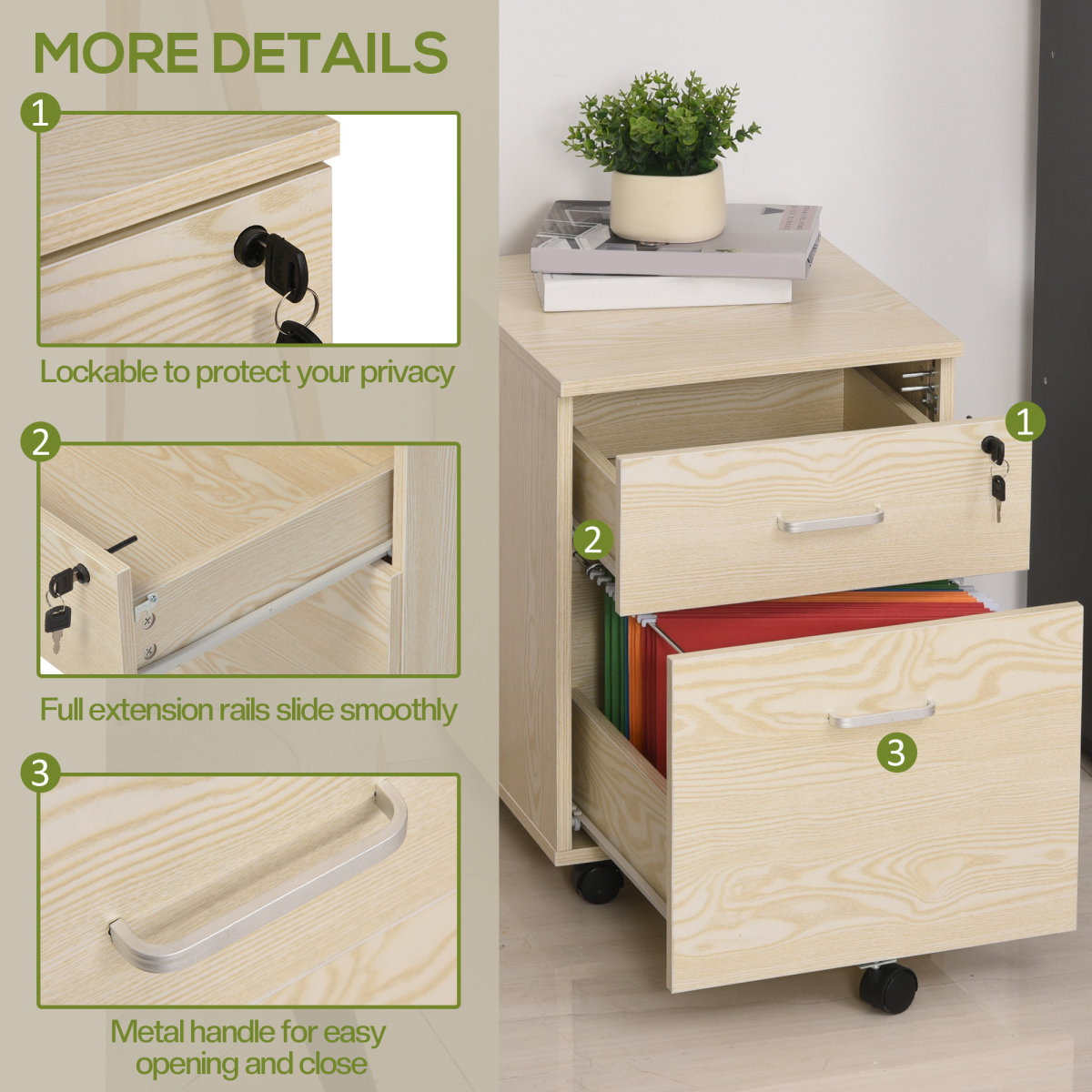 2-Drawer Locking Office Filing Cabinet with 5 Wheels, Oak Finish, Rolling Storage Cabinet