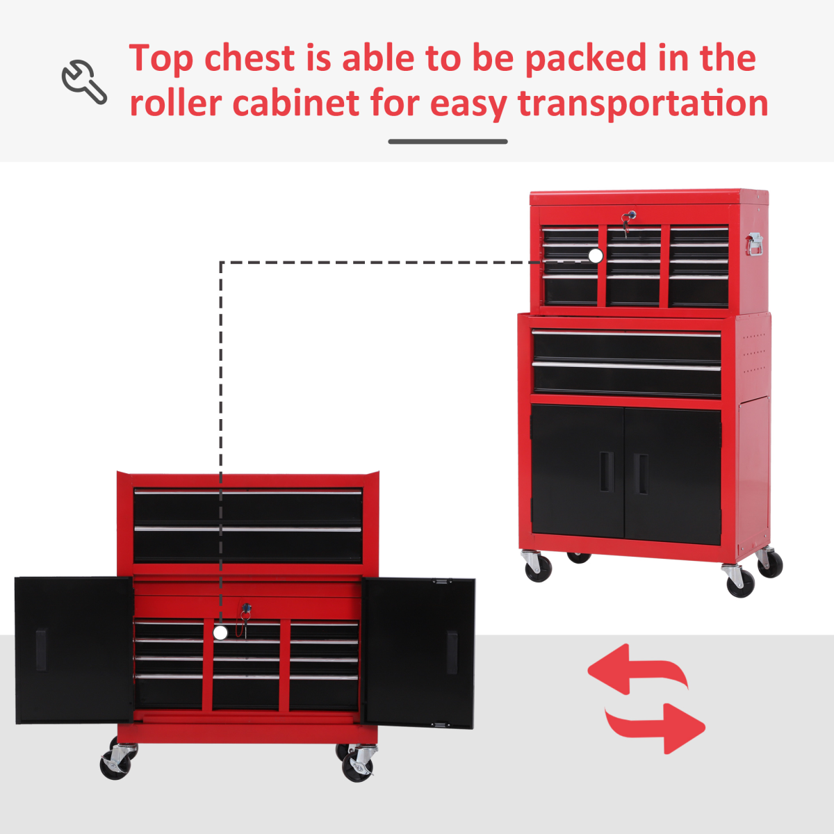 Portable Tool Chest and Roll Cab Combo with 6 Drawers, Lockable Top Chest, 360° Swivel Ball Bearing Runners, Metal Garage Storage Cabinet