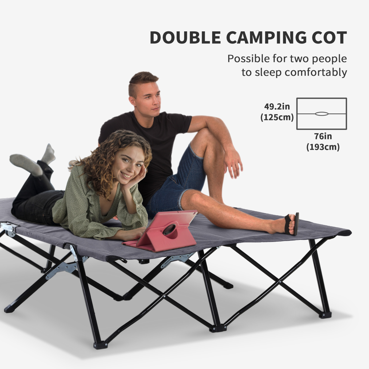 Outsunny Double Camping Folding Cot, Portable Outdoor Folding Sunbed with Carry Bag, Grey