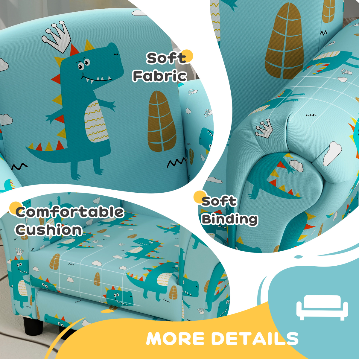AIYAPLAY 2 Piece Kids Sofa Set, Dinosaur Print, Blue for Nursery